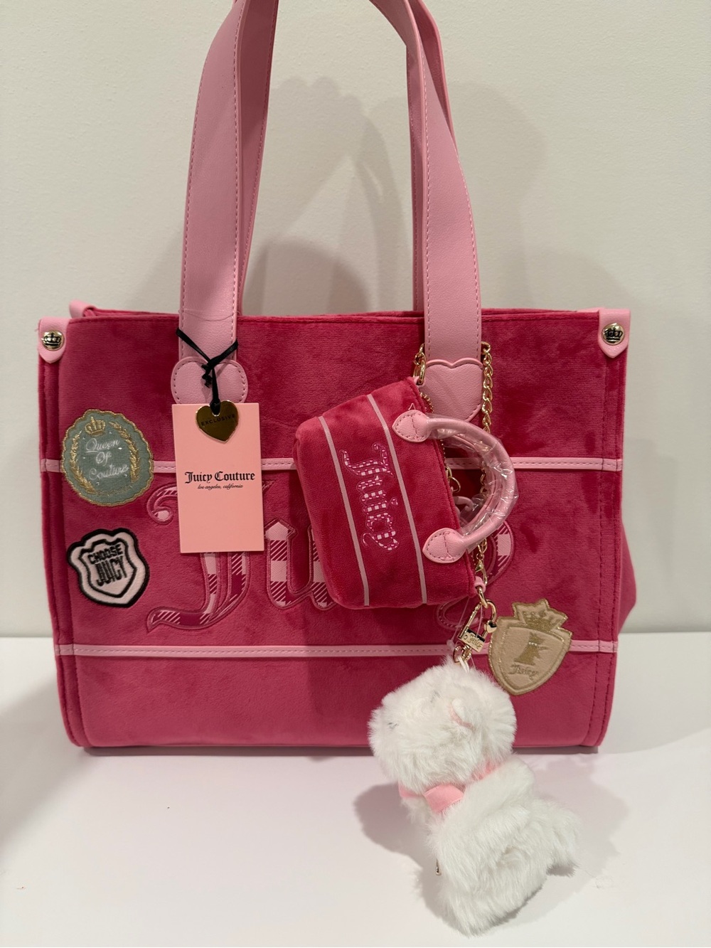 Juicy Couture Hot Pink Velvet Tote with Plush Charm & Mini Bag